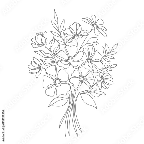 A delicate line drawing of a bouquet of wildflowers with leaves and stems.