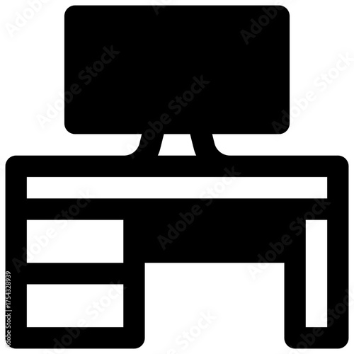 Desk. Outlined stroke vector icon with black-filled details.
