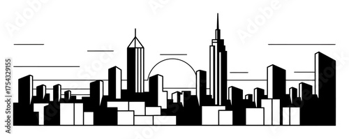 Cubist City Skyline Sunset Black Line Art Vector - Minimalist Urban Design