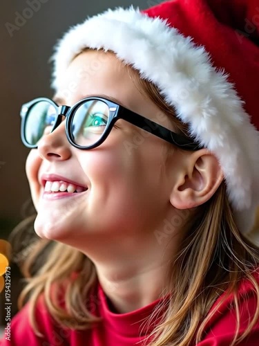 Wallpaper Mural Smiling young girl with brown hair wearing glasses and a Santa hat. She has a joyful expression, celebrating the holiday season. Torontodigital.ca