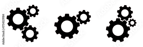 Black gear combination with multiple cogwheels interlocking together, minimalist vector on transparent background. Perfect for teamwork, system, and engineering process design.