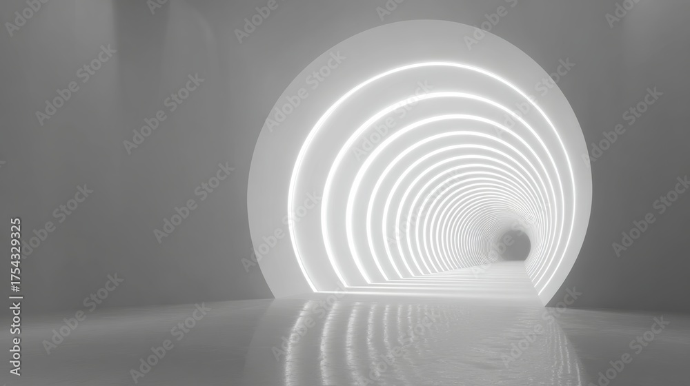 Fototapeta premium A modern circular tunnel illuminated by soft white lights, creating an ethereal and futuristic ambiance.