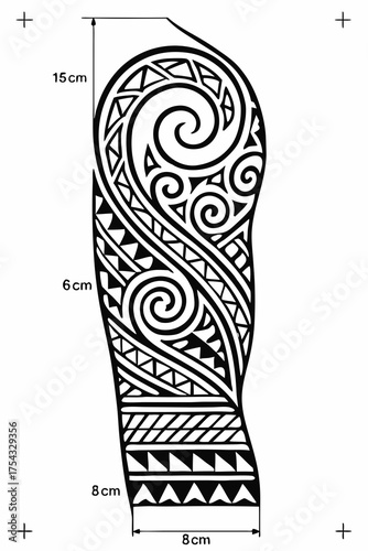 Polynesian tribal full sleeve tattoo stencil, black line art, technical template with dimensions