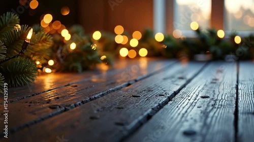 Wallpaper Mural A close-up view of wooden floorboards adorned with pine branches and warm glowing lights. The scene evokes a cozy holiday atmosphere. Torontodigital.ca