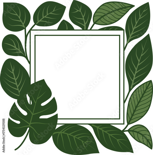 Vector illustration of square tropical frame made of green leaves. Perfect for invitations, posters, eco branding, social media design and botanical decorations.