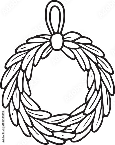 Hand-drawn Christmas wreath made of branches in eco-friendly doodle style. Minimalist black and white vector illustration for festive greeting cards, packaging, or winter decoration projects.