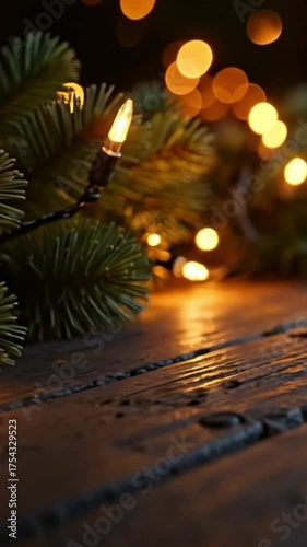Wallpaper Mural Christmas lights on pine branches with a wooden background. Warm glow from the lights creates a cozy atmosphere, perfect for holiday decorations. Torontodigital.ca