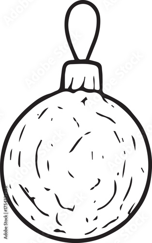 Hand-drawn black and white Christmas ornament doodle. Minimal line art illustration of a holiday ball for eco-friendly Christmas design, natural decoration, packaging, and greeting cards.