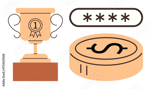 Trophy symbolizing success, password protection ensuring security, and coin denoting financial reward. Ideal for success, security, finance, motivation, goals protection reliability. Simple flat