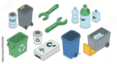 Recycling and waste management tools isometric icons with green and blue containers