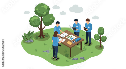Team collaboration outdoors in isometric style amidst nature