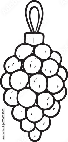 Hand-drawn black and white doodle of a Christmas ornament shaped like grapes. Minimal line art vector for eco-friendly holiday design, natural decor, sustainable packaging, and seasonal projects.