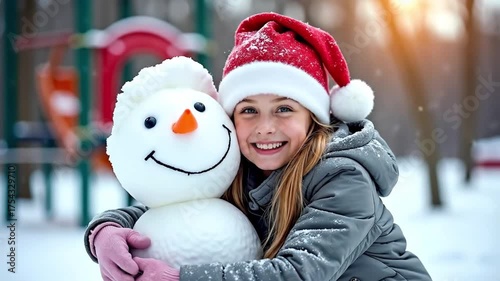 Wallpaper Mural A young Caucasian girl with long brown hair wears a red Santa hat and gray jacket, smiling while hugging a snowman in a snowy playground. Torontodigital.ca