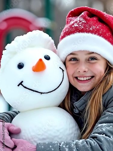 Wallpaper Mural Smiling young Caucasian girl with long blonde hair wearing a red Santa hat, hugging a snowman with a carrot nose in a snowy playground. Torontodigital.ca