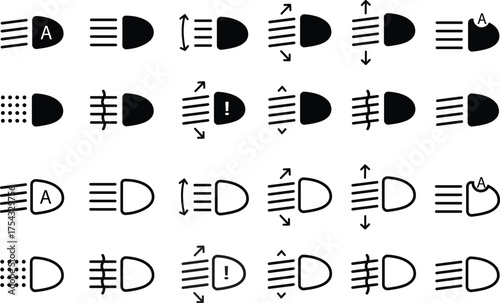 Light indicator dashboard icon set flat, outline styles with automotive car symbols, headlight beam signs, fog light, automatic lamp, dashboard interface vectors illustration black silhouette designs.