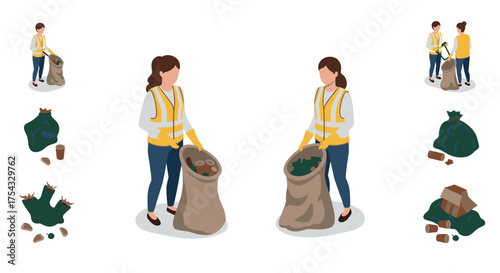 Eco-friendly workers collecting waste in recycling initiative flat design