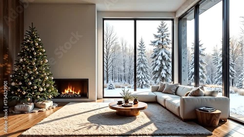 Wallpaper Mural A cozy living room with a decorated Christmas tree, a fireplace, and large windows showing snowy trees outside. Warm and inviting atmosphere. Torontodigital.ca