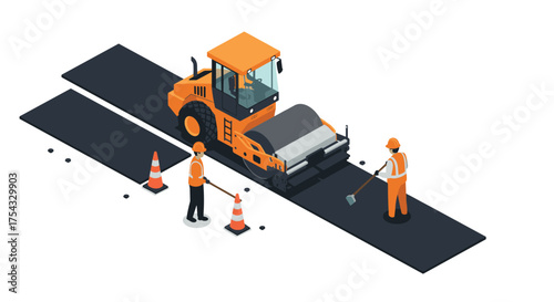 Road construction crew with roller compactor in isometric style