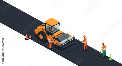 Isometric road construction scene with workers and equipment