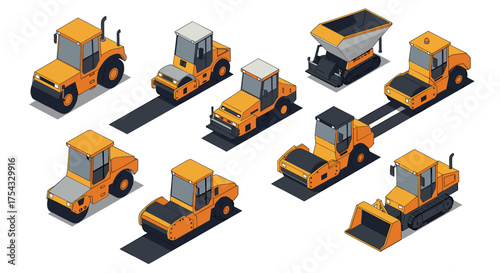 Isometric construction machines on white background: set of industrial vehicles