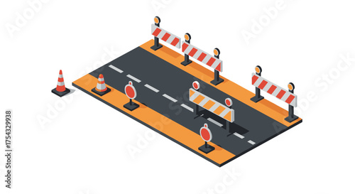 Isometric roadworks scene with barricades and traffic cones on a highway