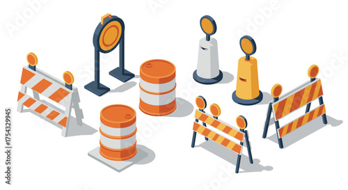Isometric traffic barrier set with construction signs and safety equipment