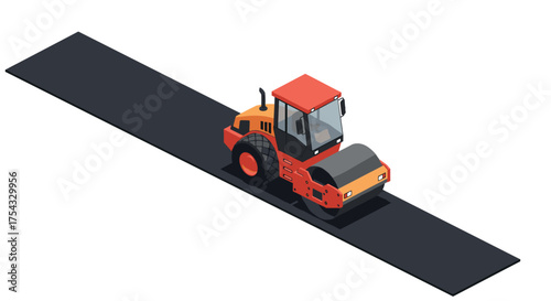 Isometric road roller on asphalt path with red and orange detailing for construction projects
