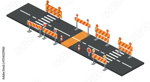 Isometric road with construction barricades and traffic safety signs