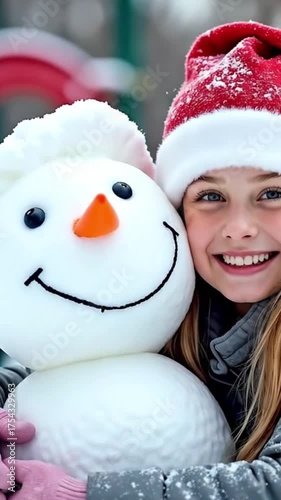 Wallpaper Mural A young Caucasian girl with long blonde hair smiles while hugging a snowman. The snowman has a carrot nose and a cheerful expression. Snow covers the ground. Torontodigital.ca