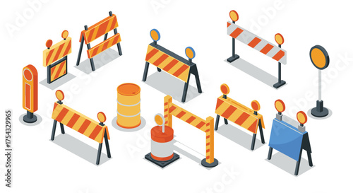Isometric traffic barriers and construction signs collection for road safety