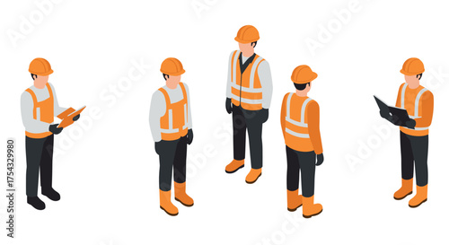 Isometric construction workers in safety gear discussing and planning