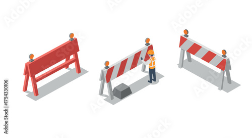 Isometric construction barriers with worker in safety gear