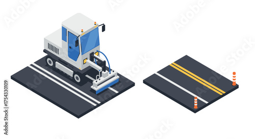 Isometric road construction scene with line painting vehicle and traffic cones