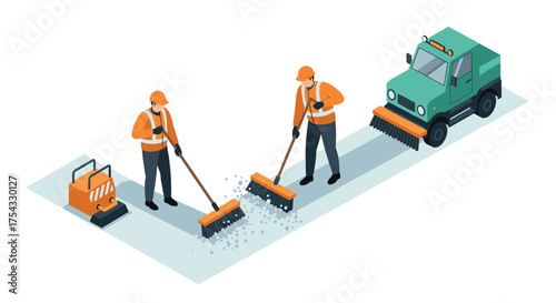 Isometric street cleaning crew with machines performing maintenance