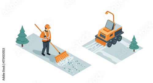 Winter maintenance scene with worker and snow plow in isometric design