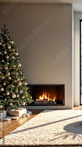 Wallpaper Mural A decorated Christmas tree with golden ornaments stands in a cozy room. Soft light casts shadows on the wooden floor, creating a warm atmosphere. Torontodigital.ca