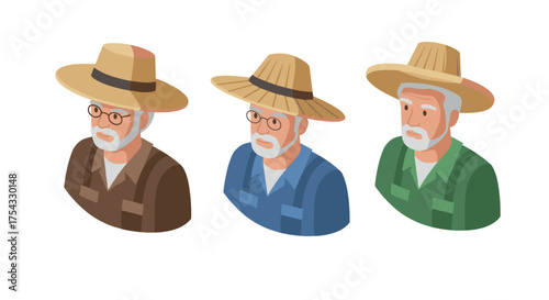 Elderly farmers in isometric style with different hats and outfits