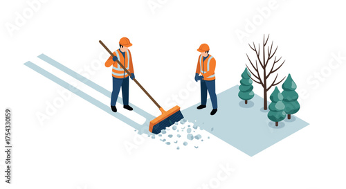 Isometric winter city cleanup scene with workers sweeping snow near trees