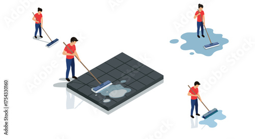 Isometric cleaners wiping wet floor with mops in action