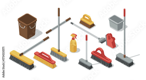 Isometric cleaning tools collection: brooms, buckets, brushes, and spray bottle
