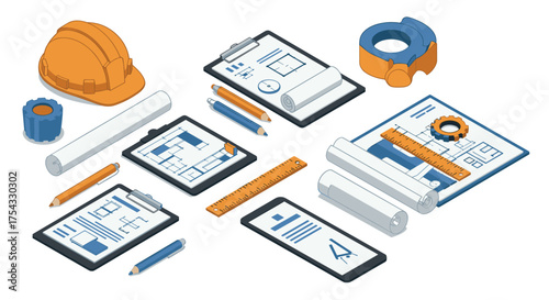 Isometric engineering tools and blueprints layout for construction projects