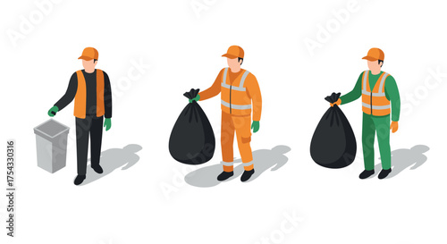 Isometric workers in uniforms collecting trash with garbage bags