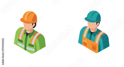 Isometric construction worker icons in safety gear