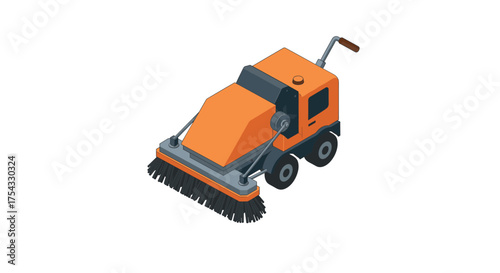 Isometric road sweeper truck on white background: urban cleanup vehicle design