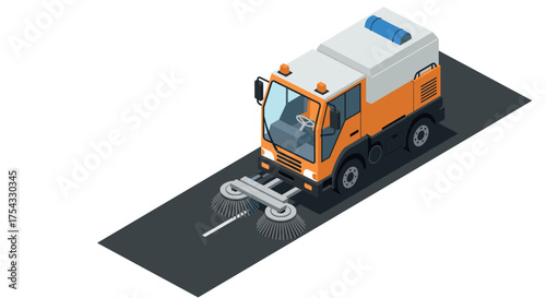 Isometric street sweeper truck on asphalt road for urban cleanliness and maintenance