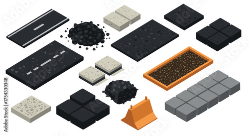 Construction elements in isometric style: asphalt, concrete, and aggregate
