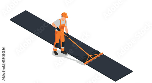 Isometric construction worker using concrete screed on smooth surface