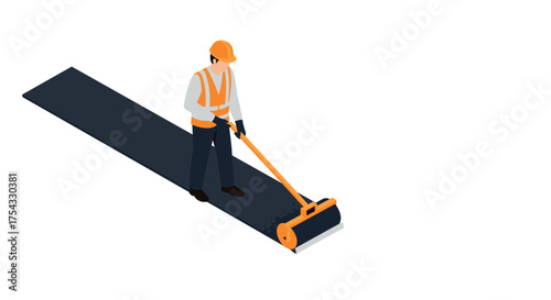 Isometric construction worker operating asphalt compactor on road project