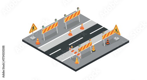 Isometric road construction scene with barricades and cones