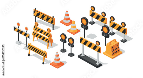 Isometric construction barriers and traffic cones for road safety design
